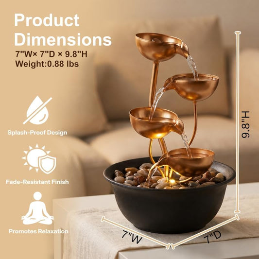 Tabletop Fountain Metal 4-Tier Cascading Bowl Water Feature Indoor Desktop Waterfall Fountain, Relaxing Zen Decor for Home Office Bedroom Meditation Gift, 9.8 Inch