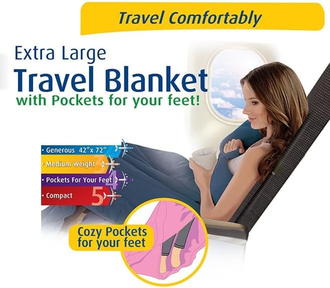 Cloudz Extra Large Airplane Travel Blanket for Your Flight, Car, Camping, Home or Comforting Warmth Anywhere! Includes Warm Cozy Pockets for Your Feet and a Travel Bag - Charcoal