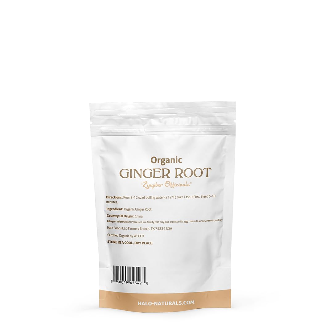 Halo Naturals Organic Ginger Root Cut & Sifted, 4 Ounces (Zingiber officinale) USDA Certified | Resealable Pouch| Packaged in The USA
