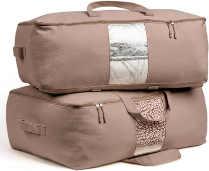 Soft Canvas Storage Bags with Zipper. Thick Breathable, 2pc King/Queen Comforter Organizer. Four Carrying Handles and Window. Large 25x19x9in Bag for Sheets Blankets Bedding Pillows, Clothes