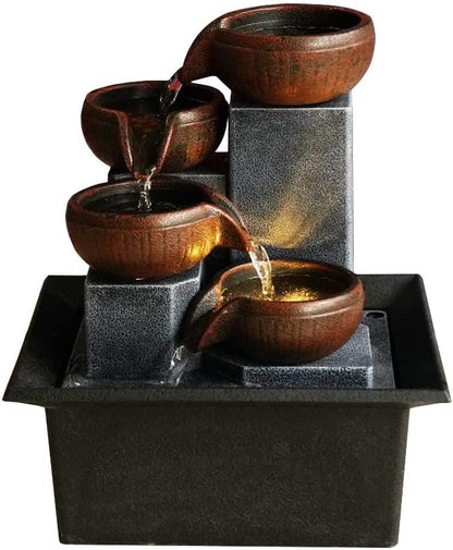 Indoor Desktop Fountain 4-Tier Desktop Fountain with Warm LED Lights & 3-Speed Adjustable Pump - Ideal for Bedrooms, Offices & Home Décor