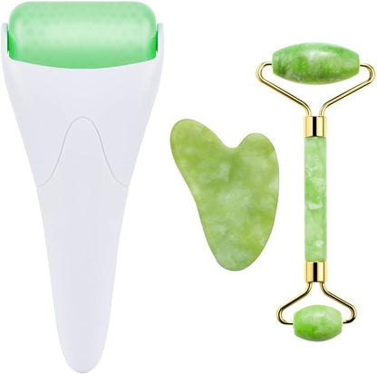 AECW 3-in-1 Natural Jade Roller and Gua Sha Set for Face and Eye Ice Roller Facial Cooling Massage Roller