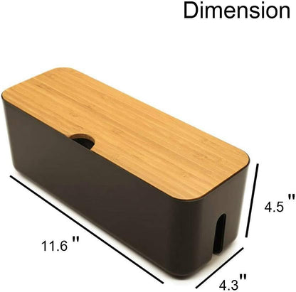 Cable Management Box with Bamboo Lid, Small Power Strip Organizer, Black
