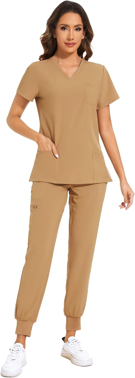 COZYFIT Scrubs for Women Set - Stretch V-Neck Scrub Top & Jogger Pant with 8 Pockets COZY SCRUBS - Colors C