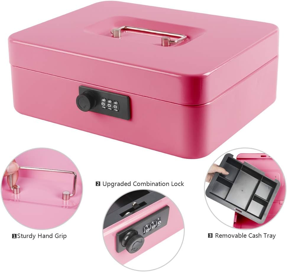 KYODOLED Small Cash Box with Combination Lock & Removable Money Tray, Black