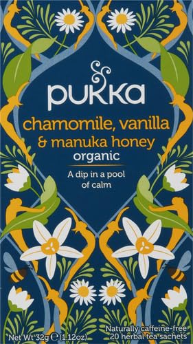 Pukka Calming Chamomile, Vanilla & Manuka Honey Organic Herbal Tea, Soothing Organic Tea Infusion Selection, Honey & Fennel Blend, Caffeine Free, 80 Total Bags (20ct - Pack of 4)