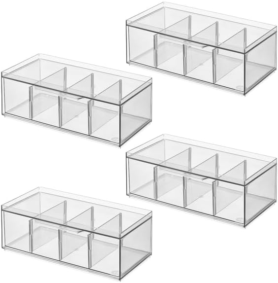 iDesign XL Tea Bag Organizer, Clear, 4-Section | For Counter, Storage Drawer for Cabinet