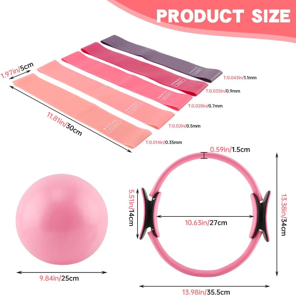 Pilates Ring and Ball Set with Resistance Bands, 14'' Circle Ring, 9.8” Pilates Ball and 5 Resistance Bands Home Workout Kit for Women Training Core, Full Body Exercise