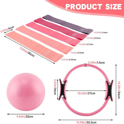 Pilates Ring and Ball Set with Resistance Bands, 14'' Circle Ring, 9.8” Pilates Ball and 5 Resistance Bands Home Workout Kit for Women Training Core, Full Body Exercise