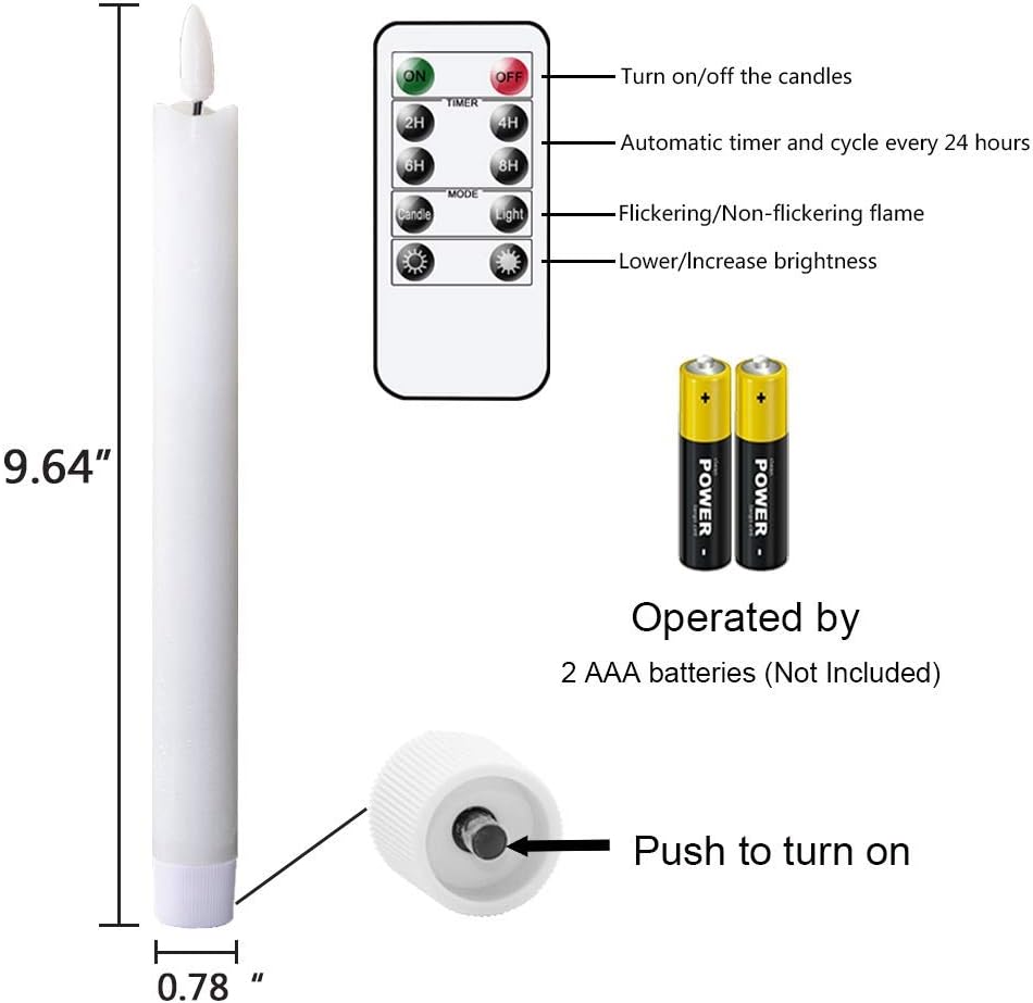 GenSwin Flameless Ivory Taper Candles Flickering with 10-Key Remote, Battery Operated Led Warm 3D Wick Light Window Candles Real Wax Pack of 6, Christmas Home Wedding Decor(0.78 X 9.64 Inch)