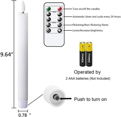 GenSwin Flameless Ivory Taper Candles Flickering with 10-Key Remote, Battery Operated Led Warm 3D Wick Light Window Candles Real Wax Pack of 6, Christmas Home Wedding Decor(0.78 X 9.64 Inch)