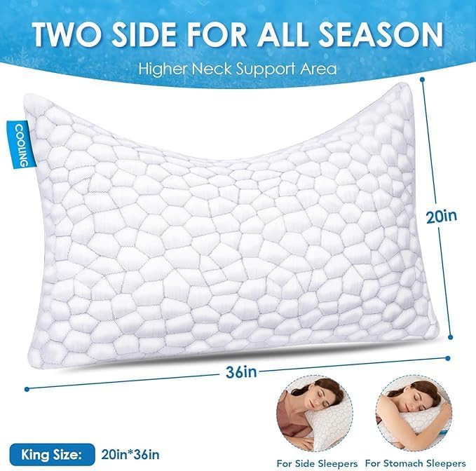 SUPA MODERN Cooling Pillow Queen Size Set of 2, CertiPUR-US Shredded Memory Foam Pillows for Sleeping, Cool Bed Pillows for Hot Sleepers, Adjustable Firm Pillow for Side,Back,Stomach Sleepers