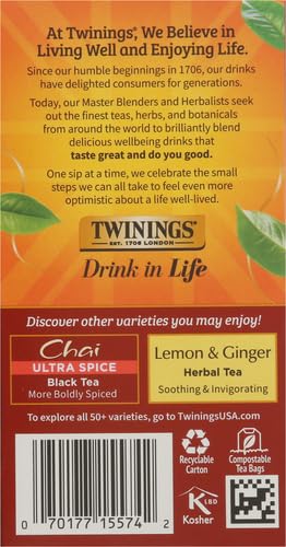 Twinings Chai Black Tea Individually Wrapped Bags, 20 Count (Pack of 2), Sweet, Savoury Spices, Caffeinated, Enjoy Hot or Iced, 20 Teabags