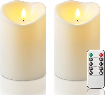 Homemory 6"x3" Outdoor Waterproof Flameless Candles, LED Candles, Battery Operated Candles with Remote and Timers, Electric Fake Plastic Pillar Candles, Ivory White, Set of 2