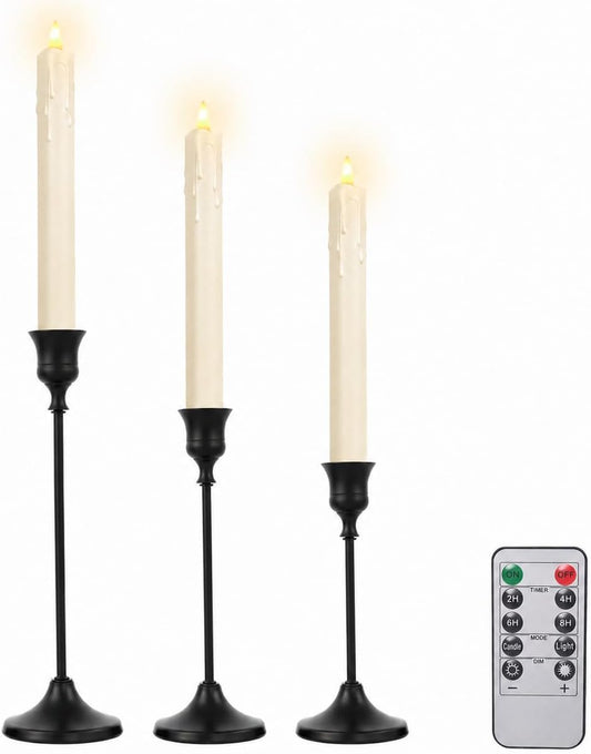 Candle Holder Set of 3, with 3 Flameless Candles & 1 Remote(Gold) | Taper Candle Holders, Metal Non Slip Stable Base, for Home Decor, Holiday Party, Pet & Kid Friendly
