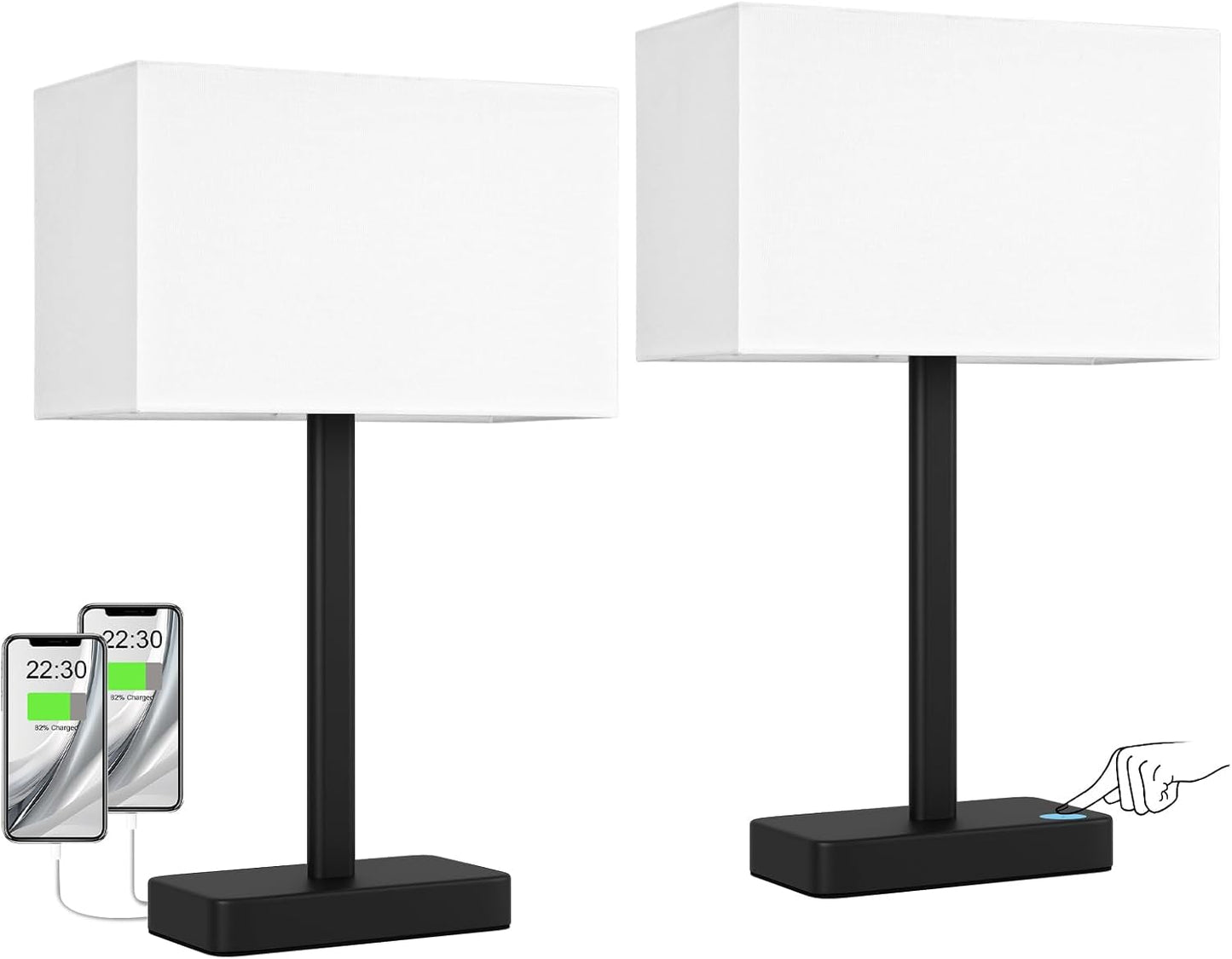 Hong-in Touch Lamps for Bedroom - 3-Way Dimmable Bedside Lamps Set of 2 with USB C+A, Grey Modern Table Lamp for Night Stands, Desk Lamp for Living Room Nightstand End Tables Bed Side