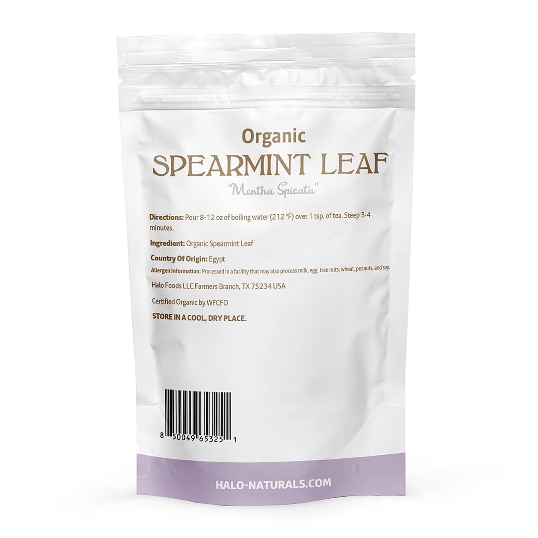 Halo Naturals Organic Spearmint Leaf Cut & Sifted, 4 Ounces (Mentha spicata) USDA Certified | Resealable Pouch| Packaged in The USA