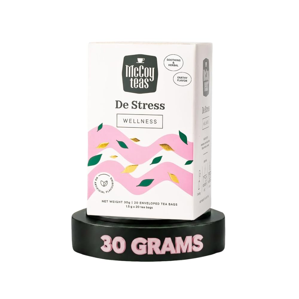 McCoy Teas Wellness De Stress Tea Bags Drinks with Gotukola Lavender Cumin & Fennel with Premium Tea from Sri Lanka, 20 Tea Bags (Pack of 01)