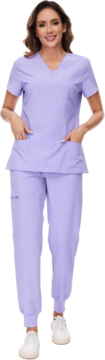 COZYFIT Scrubs for Women Set - Stretch V-Neck Scrub Top & Jogger Pant with 8 Pockets COZY SCRUBS - Colors D
