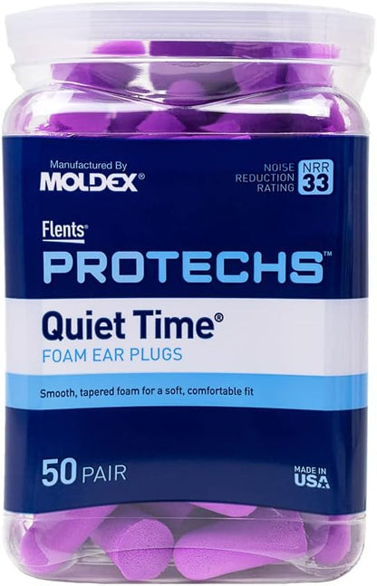 Flents Protechs Foam Ear Plugs, 70 Pair for Sleeping, Snoring, Loud Noise, Traveling, Concerts, Construction, Studying, Work, Shooting, NRR 33, Noise Cancelling, Disposable Purple, Made in the USA