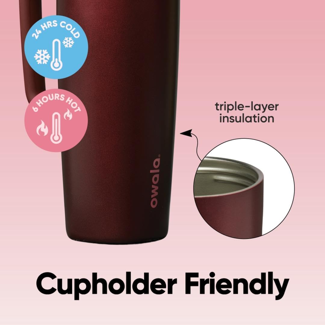 Owala SmoothSip Slider Insulated Stainless Steel Coffee Tumbler, Reusable Iced Coffee Cup, Hot Coffee Travel Mug, BPA Free 12 oz, Pink (Pucker Up)