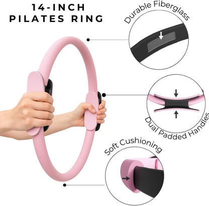 MOAV Premium Pilates Essentials Kit - 14" Ring with Cushioned Handles, Mini Ball with Pump, & 3 Durable Fabric Resistance Bands for Full Body Home Workouts