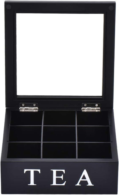 Wood Tea Storage Box, Teabag Storing 9 Compartments Wooden Tea Box Hinged Glass Lid Tea Organizer-Black