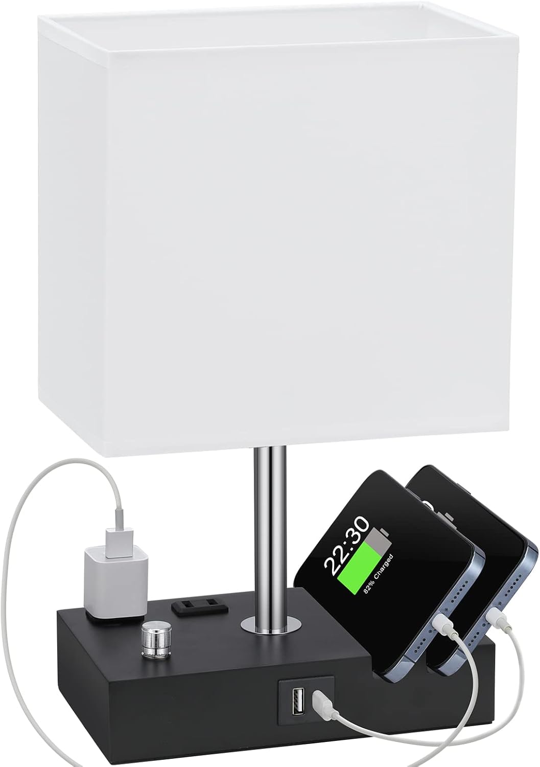 Kakanuo Fully Dimmable Nightstand Lamp for Bedroom with USB C Ports, Grey Small Bedside Table Lamp with Charging Outlets and Phone Stands, Wooden Desk Lamp for Living Room, LED Bulb Included
