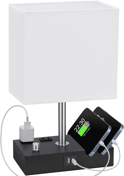 Kakanuo Fully Dimmable Nightstand Lamp for Bedroom with USB C Ports, Grey Small Bedside Table Lamp with Charging Outlets and Phone Stands, Wooden Desk Lamp for Living Room, LED Bulb Included