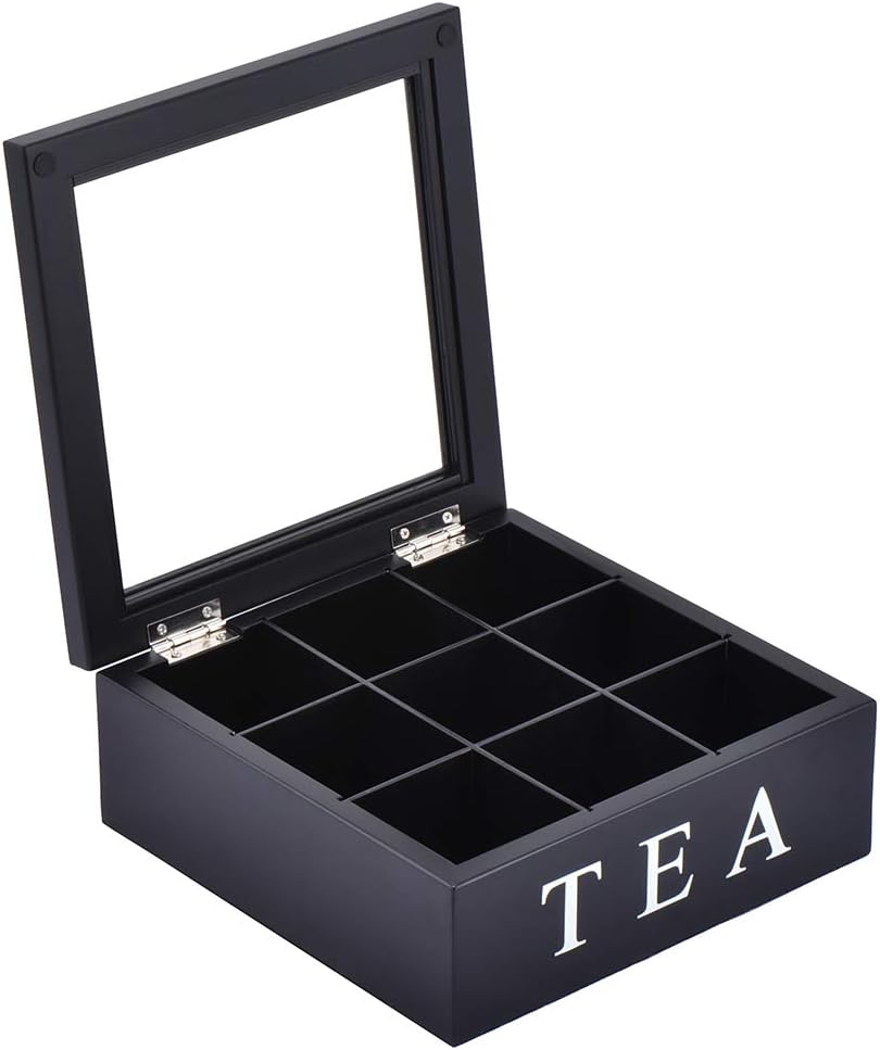 Wood Tea Storage Box, Teabag Storing 9 Compartments Wooden Tea Box Hinged Glass Lid Tea Organizer-Black