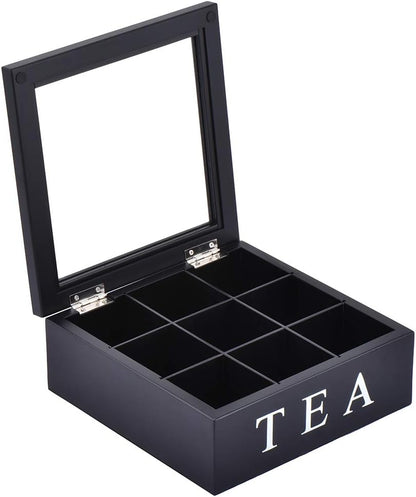 Wood Tea Storage Box, Teabag Storing 9 Compartments Wooden Tea Box Hinged Glass Lid Tea Organizer-Black