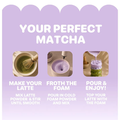 Yulu Instant Latte Kit, Matcha Drink Mix with Lavender Cold Foam Topping, Café-Style Iced Tea Blend, Includes Powder Packets, Easy DIY Beverage Kit, 3 Drink Sets (Lavender)