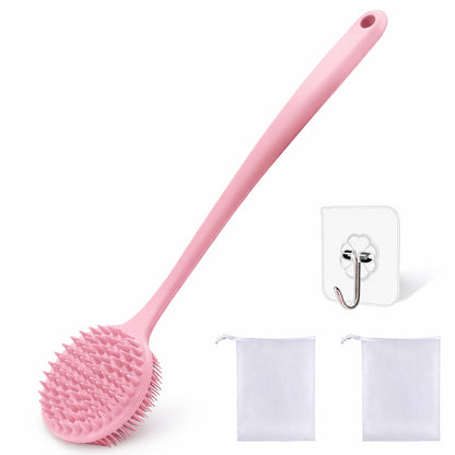 Silicone Body Scrubber for Shower Men Women – Dual-Sided Exfoliating & Massage Shower Brush with Long Handle, Creates Rich Lather, Includes 1 Hook & 2 Lather Balls (Black).