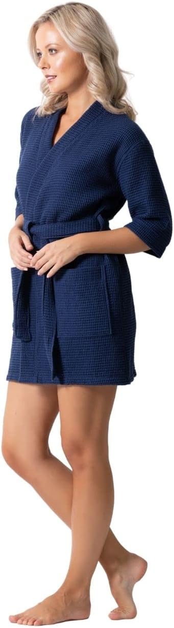 Turkish Linen Lightweight Waffle Knit Bath, Spa & Bridesmaids Kimono Short Robes for Women - Quick Dry & Soft