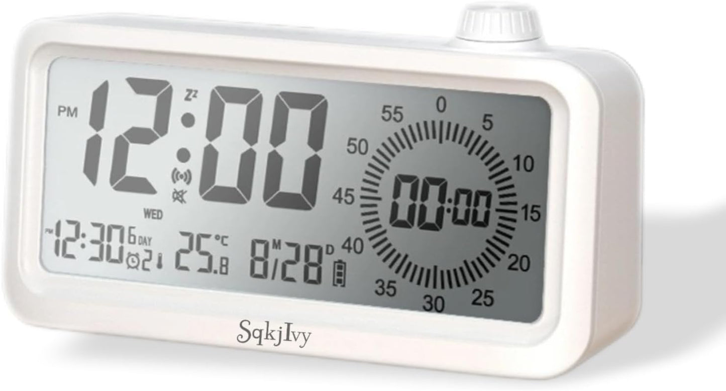 Visual Digital Timer for Kids with LCD Display,3-Level Adjustable Backlight,Temperature Date,Silent Operation,3 Alarms, Snooze,Type-C Charging for Kids Studying/Office/Sleeping/Kitchen(White)