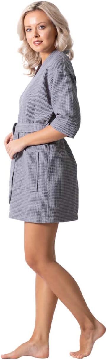 Turkish Linen Lightweight Waffle Knit Bath, Spa & Bridesmaids Kimono Short Robes for Women - Quick Dry & Soft
