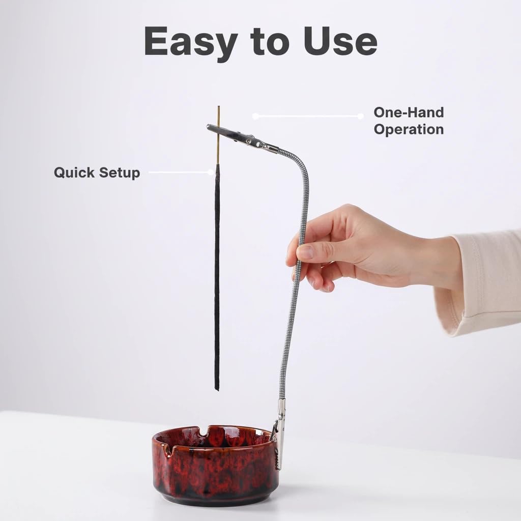 Modern Incense Holder with Flexible Metal Stand, Silver Ash Collector Base, Minimalist Design for Home Meditation and Aromatherapy. (Black + Clip)