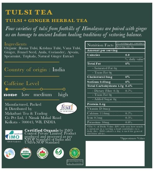 Luxmi Estates, Organic Basil Tulsi Tea, 50 Tea Bags, Caffeine-Free, Non-GMO and Organic for Immunity