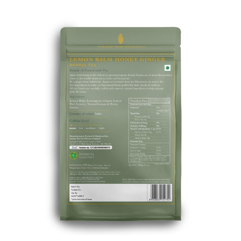 Luxmi Estates Lemon Balm Honey Ginger Herbal Tea | 50 Pyramid Tea Bags (100g, 3.5oz), Caffeine-Free Calming Blend with Lemon Balm, Ginger, Lemongrass, Lemon Peel, & Natural Honey Flavor, Vegan