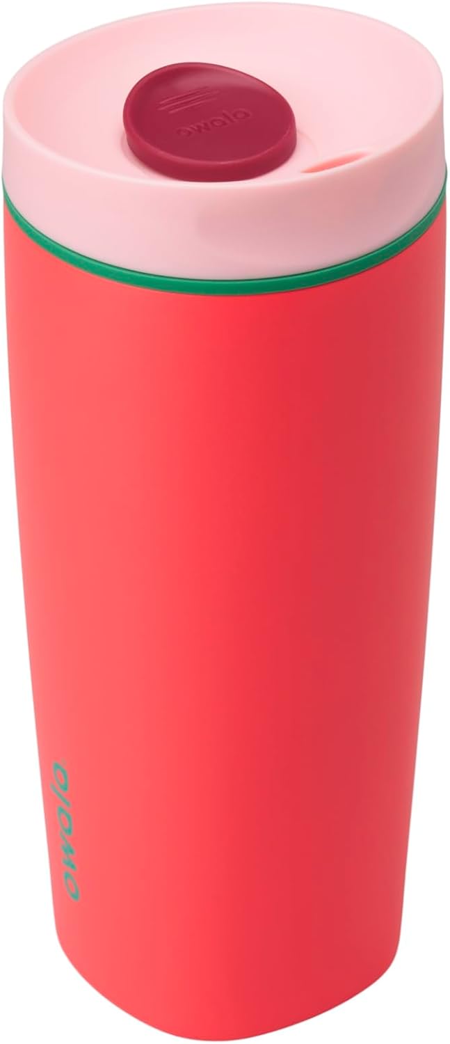 Owala SmoothSip Slider Insulated Stainless Steel Coffee Tumbler, Reusable Iced Coffee Cup, Hot Coffee Travel Mug, BPA Free 12 oz, Pink (Pucker Up)