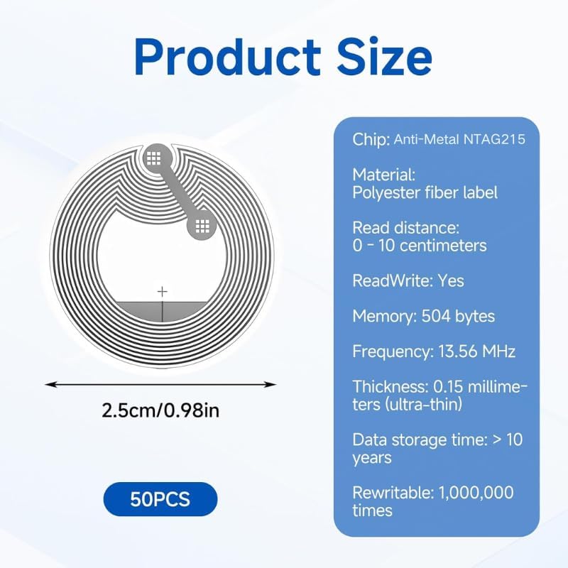 50 Pcs NTAG215 NFC Tags Sticker, Anti-Metal NFC Stickers 25mm Round