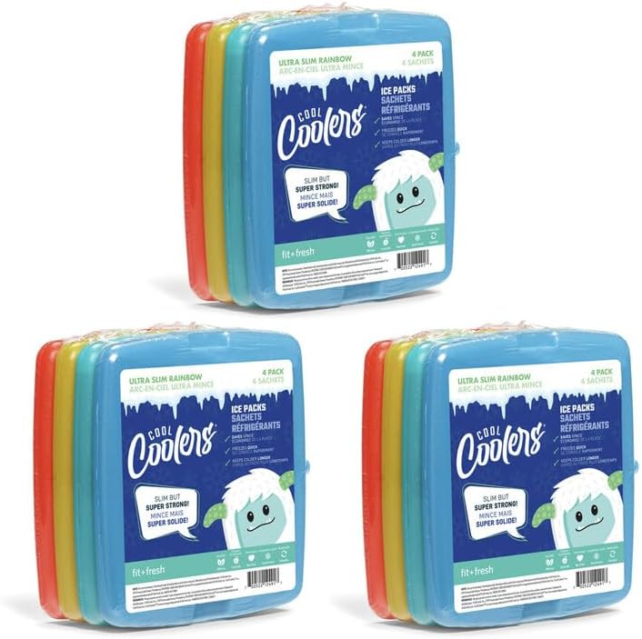 Cool Coolers by Fit + Fresh, 4 Pack Slim Ice Packs, Space Saving Reusable Ice Packs for Lunch Boxes or Coolers
