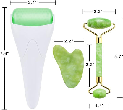 AECW 3-in-1 Natural Jade Roller and Gua Sha Set for Face and Eye Ice Roller Facial Cooling Massage Roller