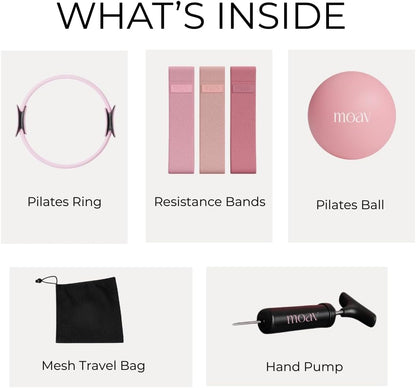 MOAV Premium Pilates Essentials Kit - 14" Ring with Cushioned Handles, Mini Ball with Pump, & 3 Durable Fabric Resistance Bands for Full Body Home Workouts