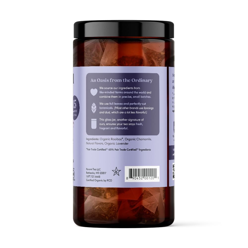 Paromi Chamomile Lavender Rooibos Organic Tea, Signature Jar, 15 Count
