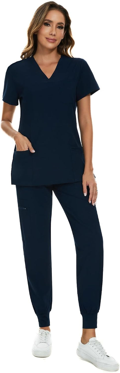 COZYFIT Scrubs for Women Set - Stretch V-Neck Scrub Top & Jogger Pant with 8 Pockets COZY SCRUBS - Colors C