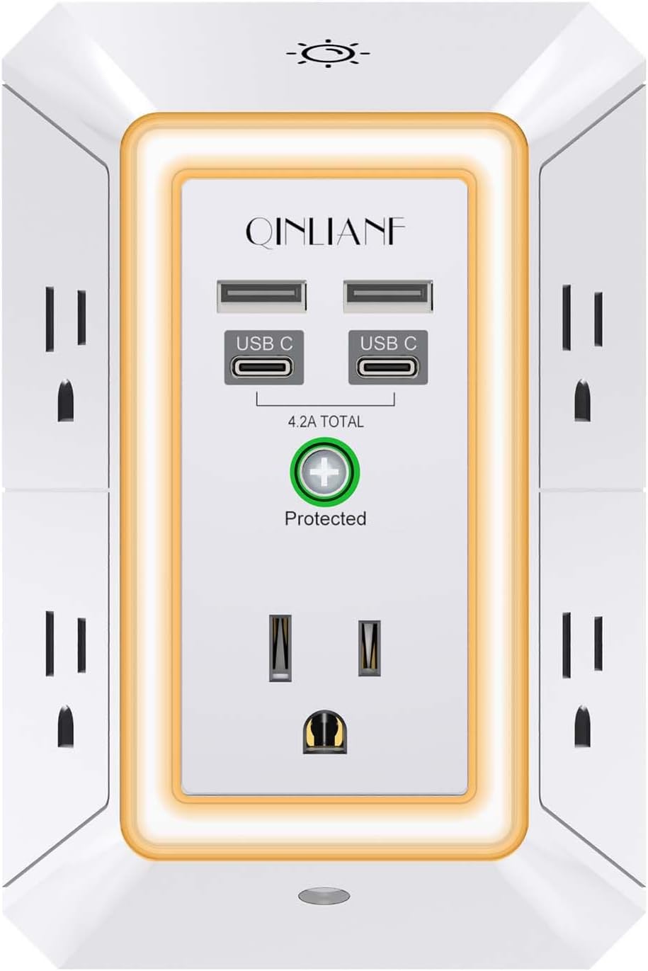 Wall Charger, Surge Protector, QINLIANF 5 Outlet Extender with 4 USB Ports