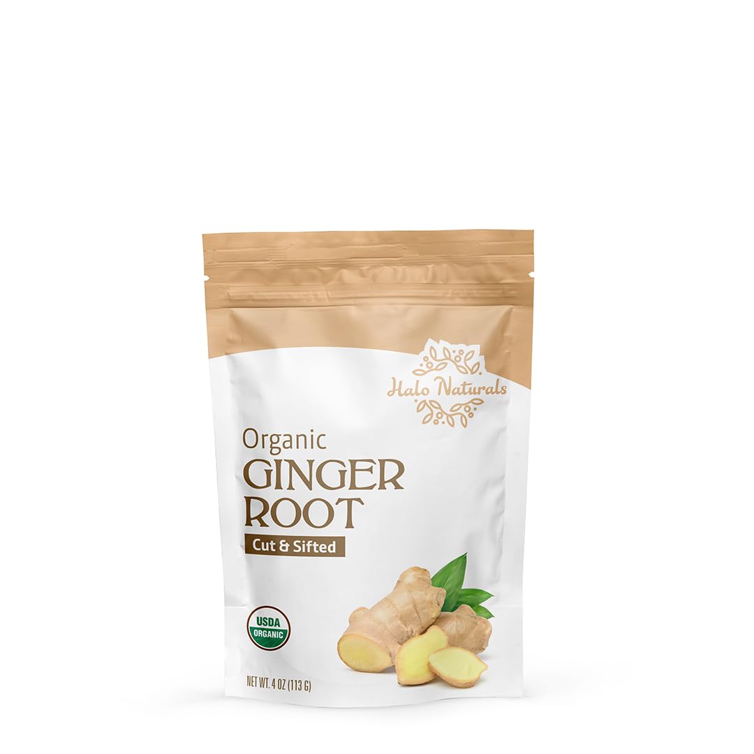 Halo Naturals Organic Ginger Root Cut & Sifted, 4 Ounces (Zingiber officinale) USDA Certified | Resealable Pouch| Packaged in The USA