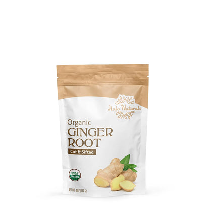 Halo Naturals Organic Ginger Root Cut & Sifted, 4 Ounces (Zingiber officinale) USDA Certified | Resealable Pouch| Packaged in The USA