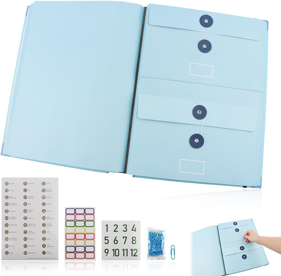 Important Document Organizer, A4 Portfolio Binder Folder with Labels, Blue
